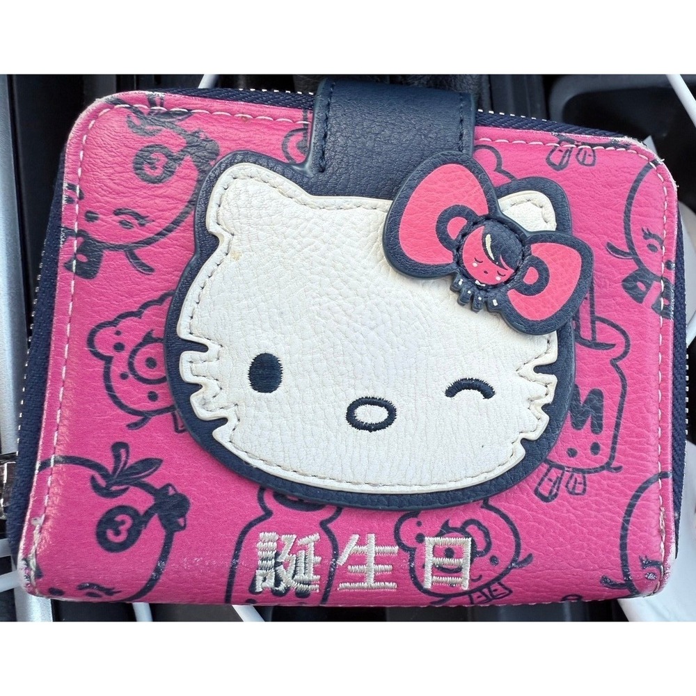 Loungefly Sanrio Hello Kitty Pink‎ Navy Bifold Wallet Character Print Kanji Milk